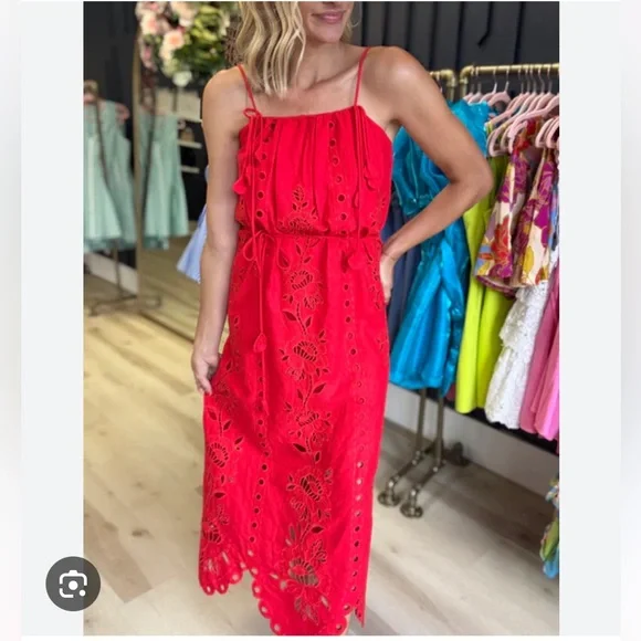 FARM Rio Richelieu Linen Sleeveless Eyelet Dress Tuckernuck Anthropologie Red - Picture 8 of 17